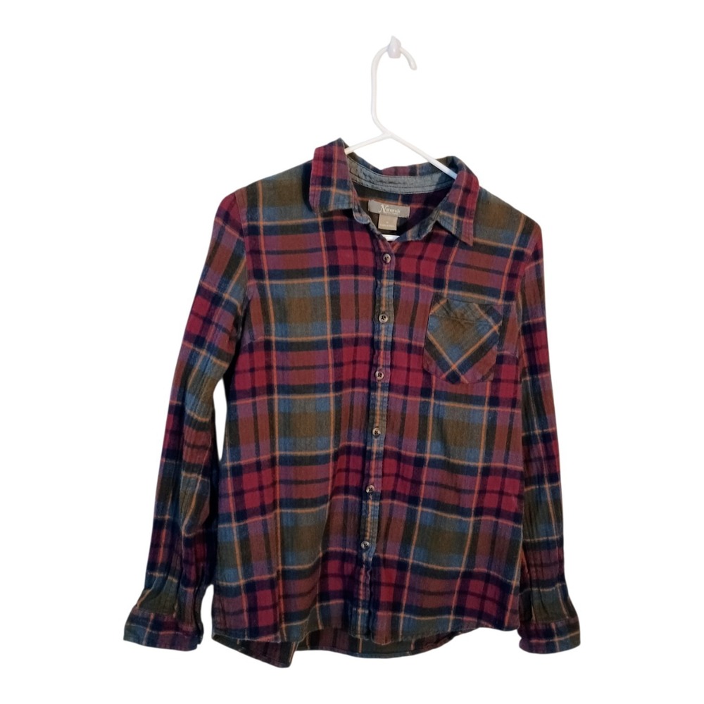 Natural Reflections Flannel Shirt Burgundy Blue Orange Plaid Cotton Women's Med